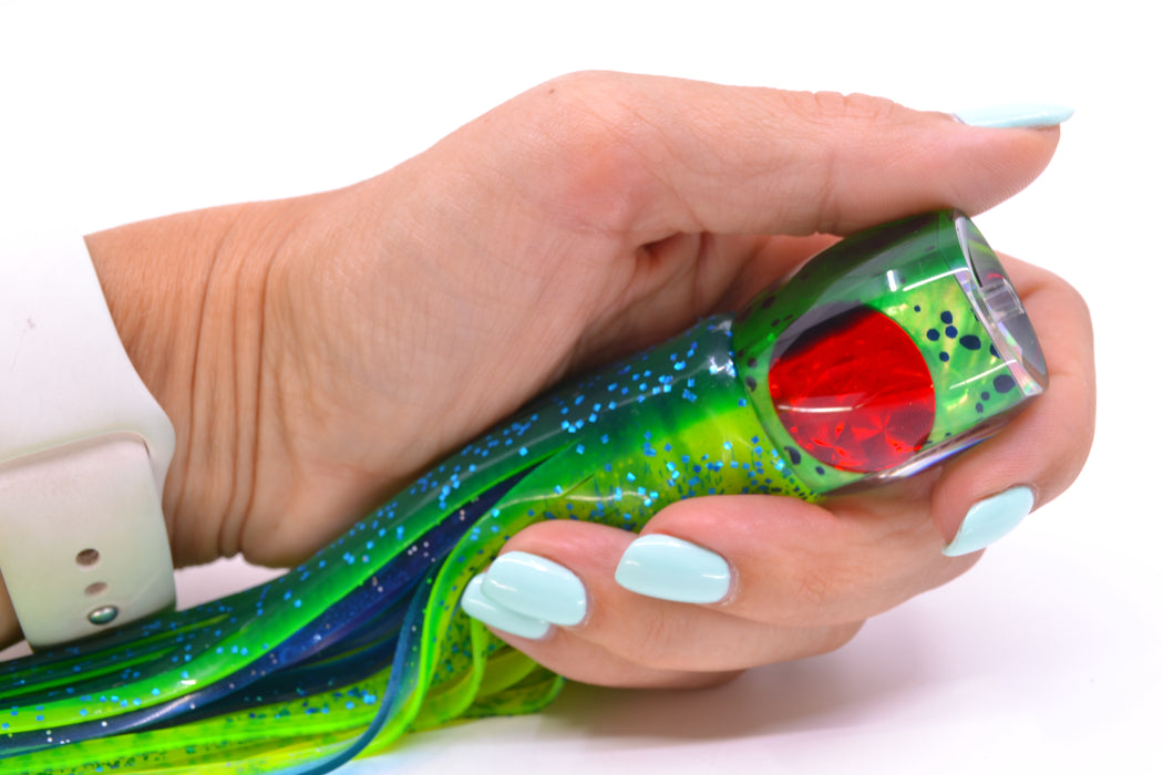 Moyes Lures Mahi MOP Green Back Red Eyes Small Secret 9" 3oz Skirted Mahi