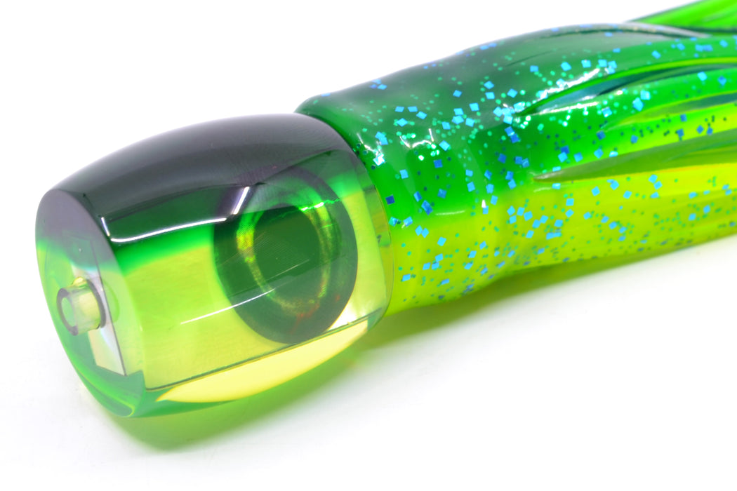 Moyes Lures Chartreuse MOP Green Back Taxi Eyes Large Tang 9" 3oz Skirted Mahi