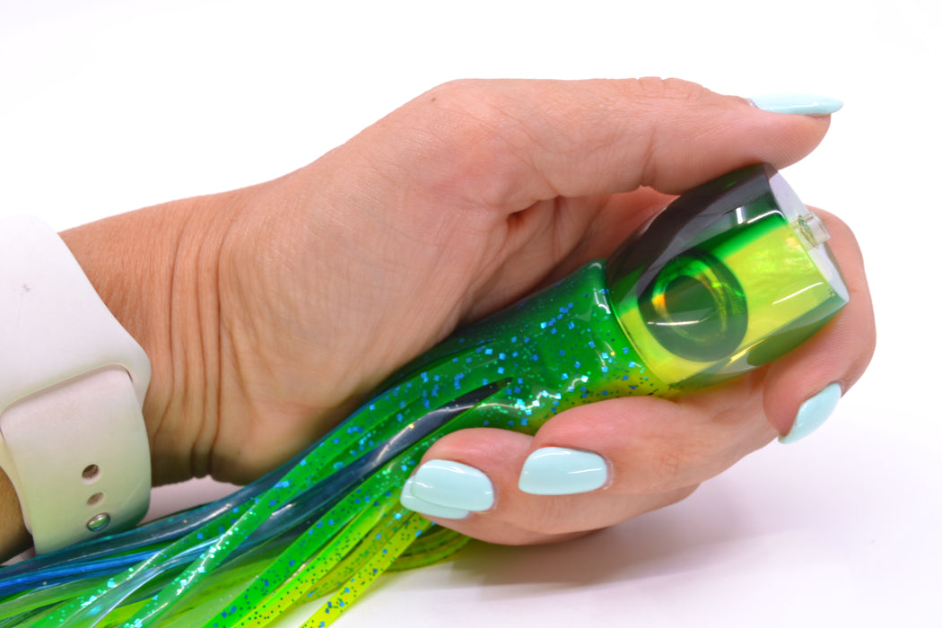 Moyes Lures Chartreuse MOP Green Back Taxi Eyes Large Tang 9" 3oz Skirted Mahi