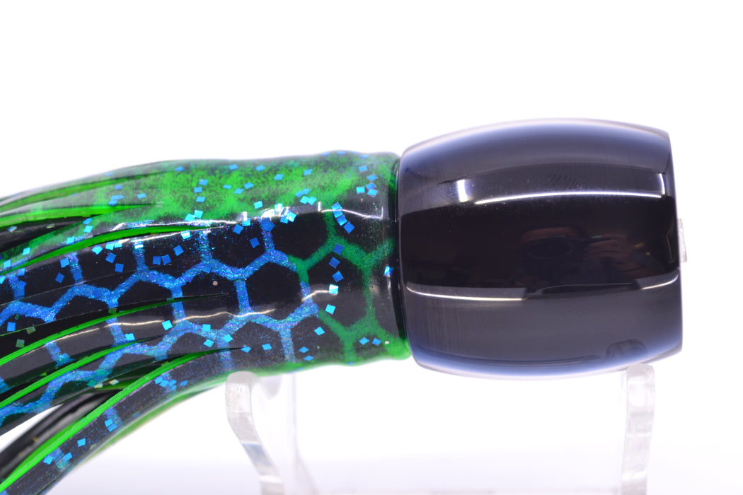 Moyes Lures Blue-Green Oil Slick Black Back Taxi Eyes Large Tang 9" 3oz Skirted