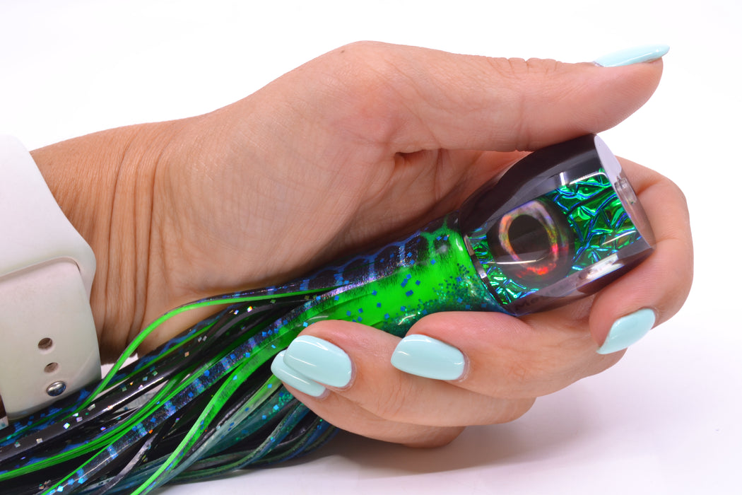 Moyes Lures Blue-Green Oil Slick Black Back Taxi Eyes Large Tang 9" 3oz Skirted