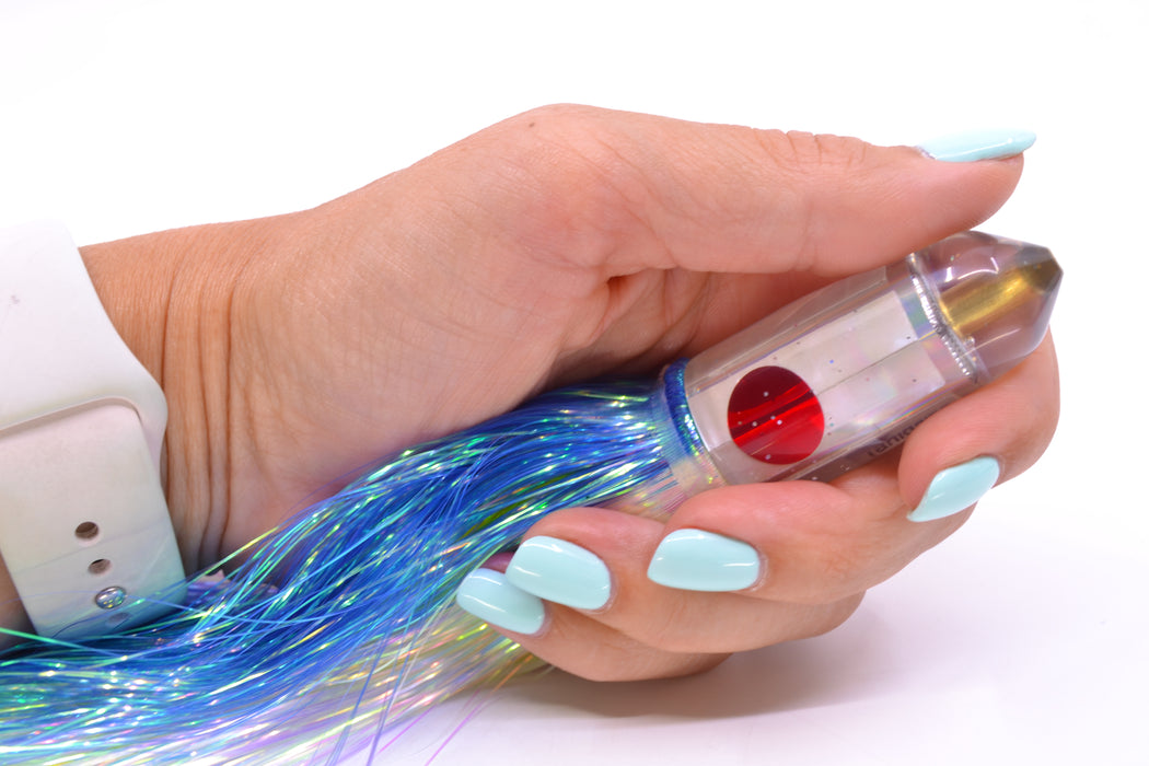Tanigawa Lures White MOP Red Eyes Small Bullet 7" 3.2oz Flashabou Blue-White