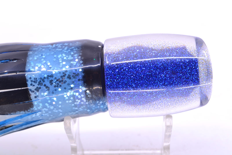 Moyes Lures Black Pearl Blue Glitter Back Taxi Eyes Medium J-Boy 12" 7oz Skirted
