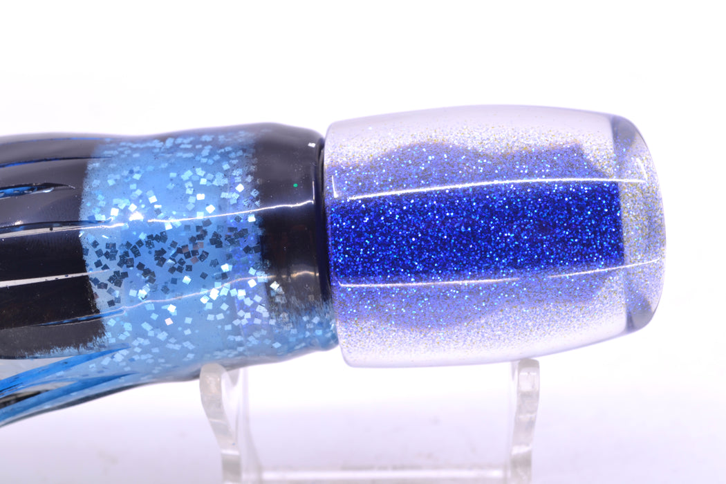 Moyes Lures Black Pearl Blue Glitter Back Taxi Eyes Medium J-Boy 12" 7oz Skirted