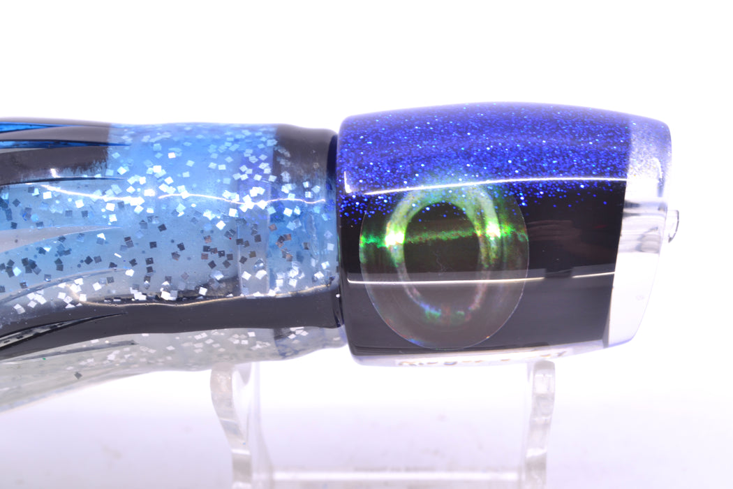 Moyes Lures Black Pearl Blue Glitter Back Taxi Eyes Medium J-Boy 12" 7oz Skirted