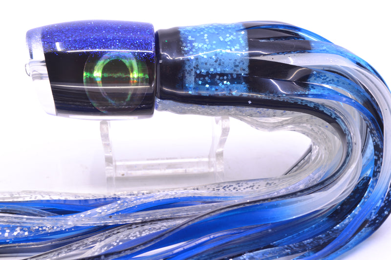 Moyes Lures Black Pearl Blue Glitter Back Taxi Eyes Medium J-Boy 12" 7oz Skirted