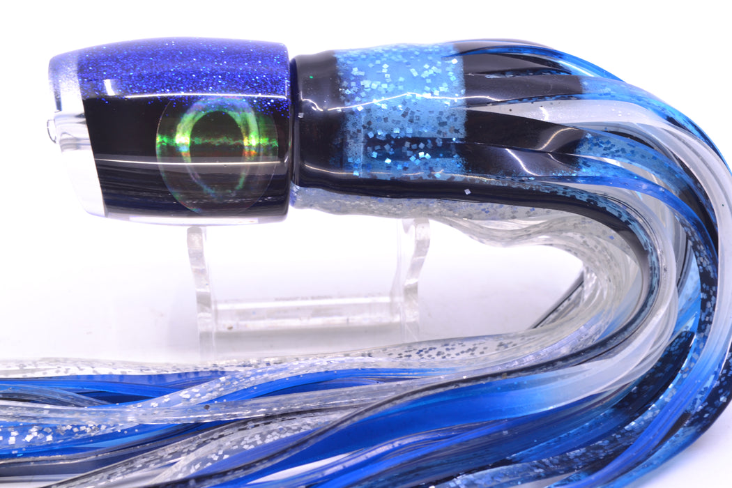 Moyes Lures Black Pearl Blue Glitter Back Taxi Eyes Medium J-Boy 12" 7oz Skirted