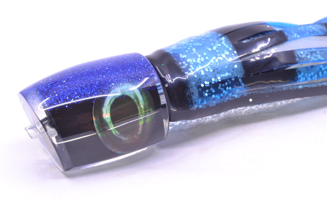 Moyes Lures Black Pearl Blue Glitter Back Taxi Eyes Medium J-Boy 12" 7oz Skirted