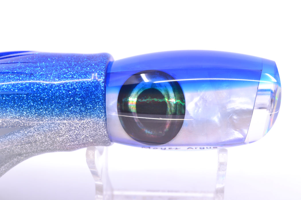 Moyes Lures White MOP Blue Back Taxi Eyes Medium Argus 12" 6oz Skirted Blue-Silver
