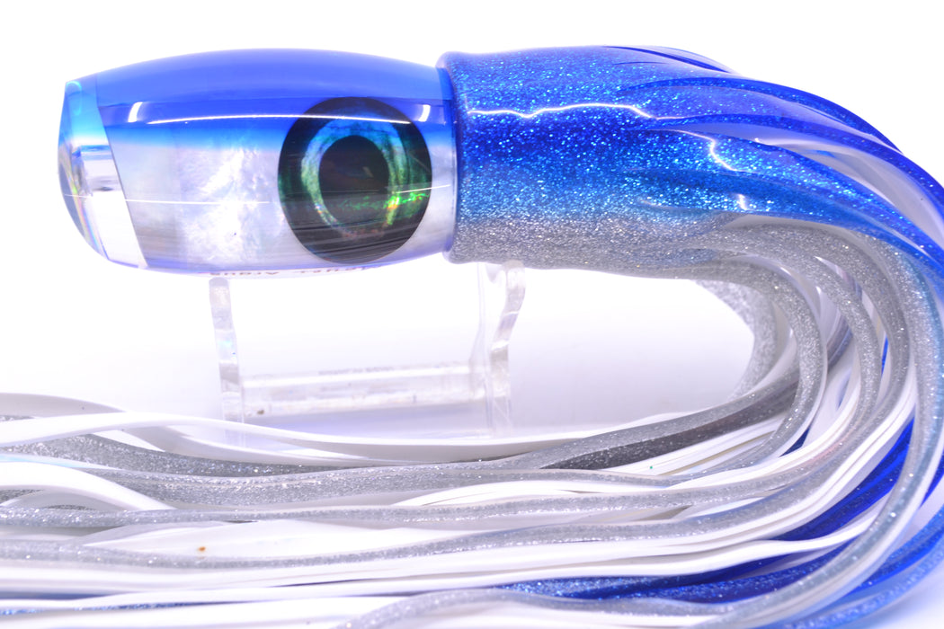 Moyes Lures White MOP Blue Back Taxi Eyes Medium Argus 12" 6oz Skirted Blue-Silver