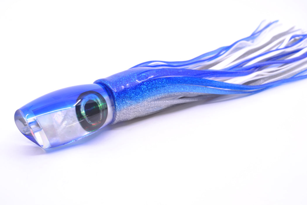 Moyes Lures White MOP Blue Back Taxi Eyes Medium Argus 12" 6oz Skirted Blue-Silver