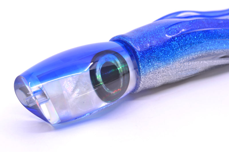 Moyes Lures White MOP Blue Back Taxi Eyes Medium Argus 12" 6oz Skirted Blue-Silver
