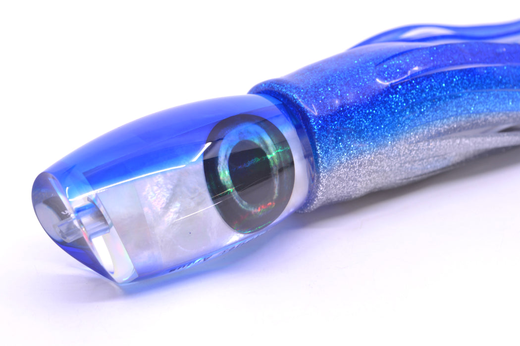 Moyes Lures White MOP Blue Back Taxi Eyes Medium Argus 12" 6oz Skirted Blue-Silver