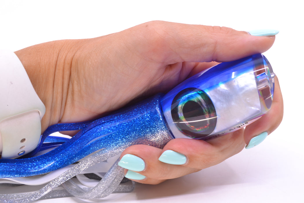 Moyes Lures White MOP Blue Back Taxi Eyes Medium Argus 12" 6oz Skirted Blue-Silver