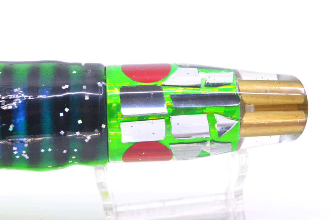 Tanigawa Lures Green Rainbow Cracked Glass 2-Hole Slant 9"+ 11oz Skirted Black Stripes