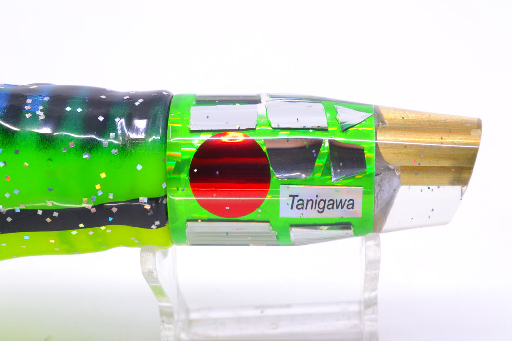 Tanigawa Lures Green Rainbow Cracked Glass 2-Hole Slant 9"+ 11oz Skirted Black Stripes