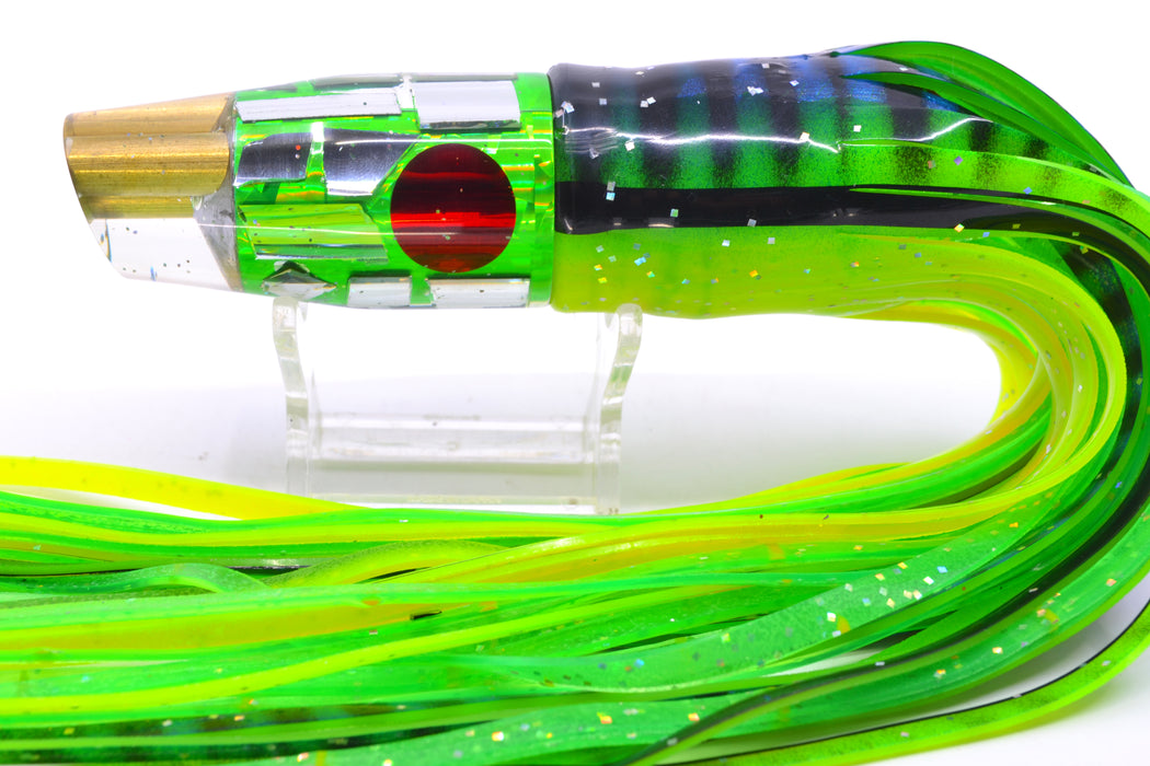 Tanigawa Lures Green Rainbow Cracked Glass 2-Hole Slant 9"+ 11oz Skirted Black Stripes