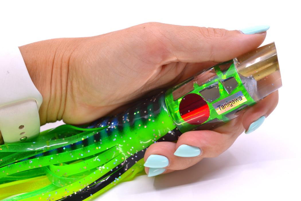 Tanigawa Lures Green Rainbow Cracked Glass 2-Hole Slant 9"+ 11oz Skirted Black Stripes