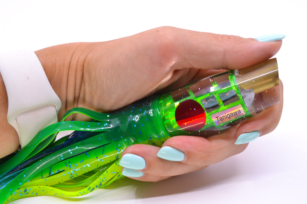 Tanigawa Lures Green Rainbow Cracked Glass 2-Hole Slant 9"+ 11oz Skirted Mahi