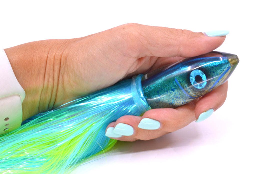 Tsutomu Lures Blue Speckled Blue-Silver Fish Head Ali'i Bullet 7" 5oz Strobez Ice Blue-Green