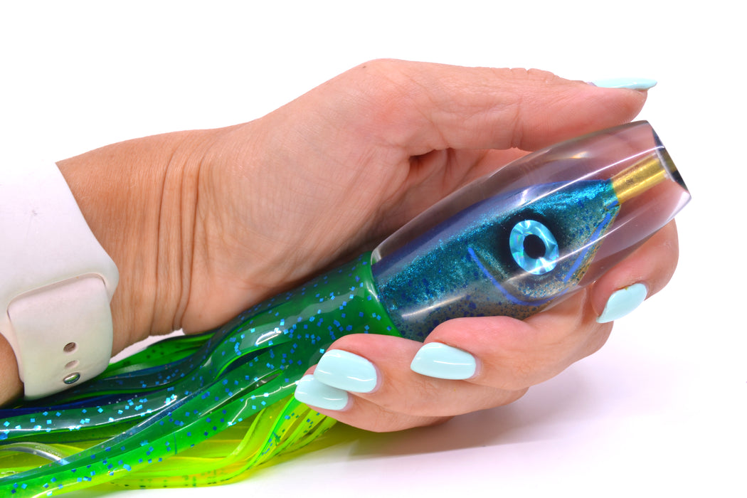 Tsutomu Lures Blue Speckled Blue-Silver Fish Head Moke Invert 9" 7oz Skirted Mahi