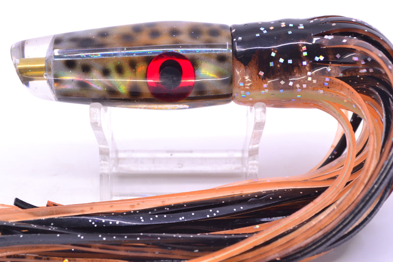 Ganku Lures "Tiger Cowrie" Longneck Cut Face 7" 4.4oz Skirted Black Dots-Orange