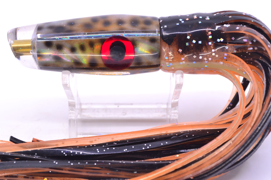 Ganku Lures "Tiger Cowrie" Longneck Cut Face 7" 4.4oz Skirted Black Dots-Orange
