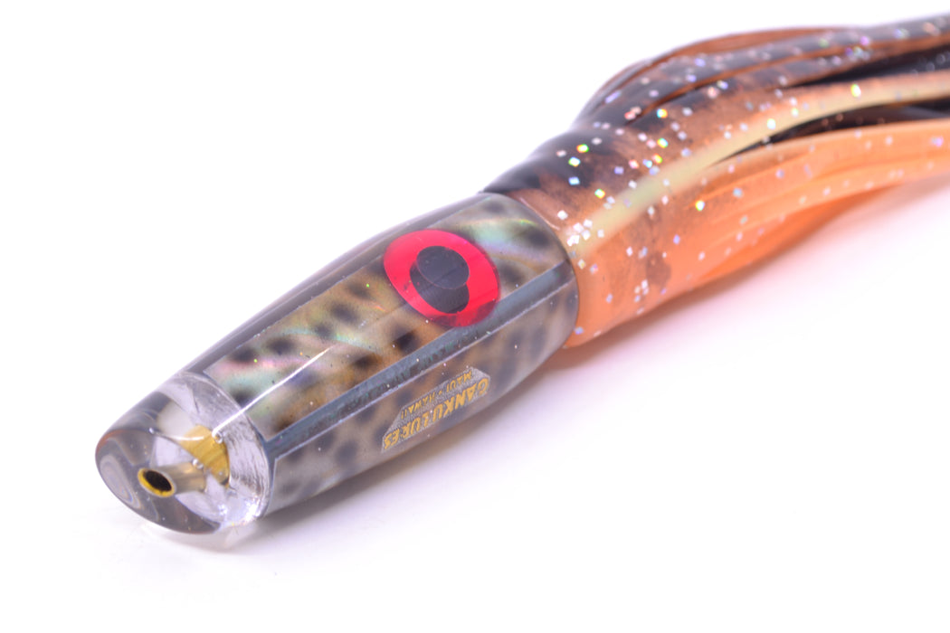 Ganku Lures "Tiger Cowrie" Longneck Cut Face 7" 4.4oz Skirted Black Dots-Orange