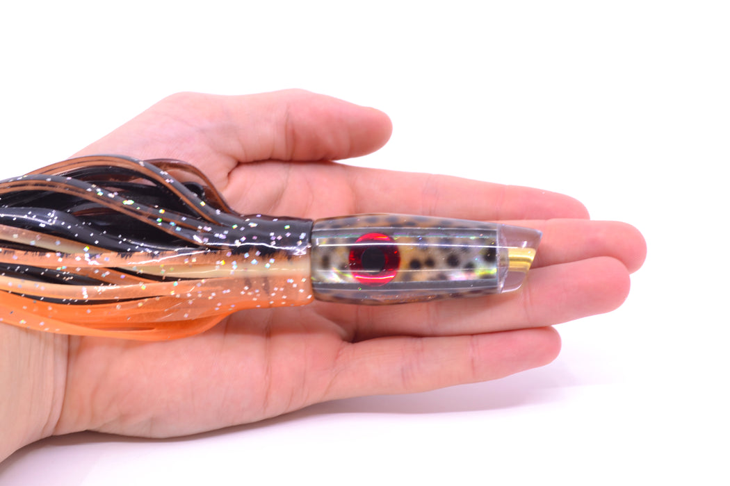 Ganku Lures "Tiger Cowrie" Longneck Cut Face 7" 4.4oz Skirted Black Dots-Orange