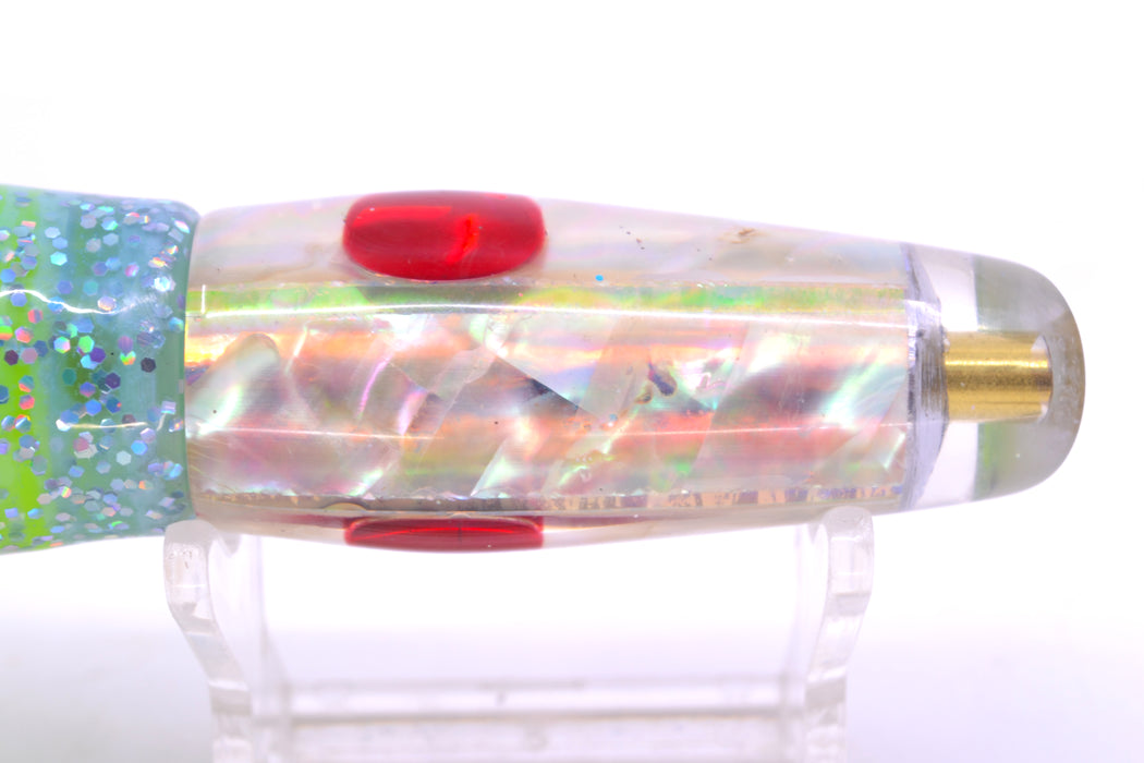 Ganku Lures White MOP Red Eyes Longneck Cut Face 7" 4.4oz Skirted Ice Blue/Rainbow