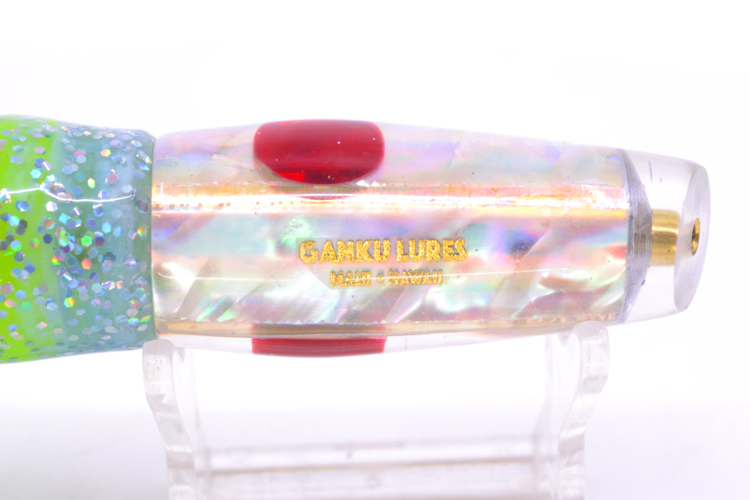 Ganku Lures White MOP Red Eyes Longneck Cut Face 7" 4.4oz Skirted Ice Blue/Rainbow