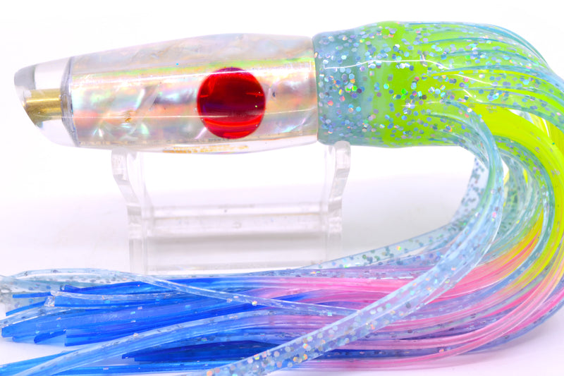 Ganku Lures White MOP Red Eyes Longneck Cut Face 7" 4.4oz Skirted Ice Blue/Rainbow