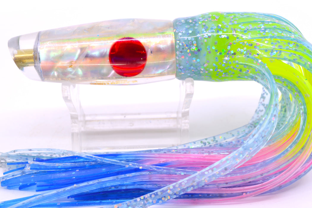 Ganku Lures White MOP Red Eyes Longneck Cut Face 7" 4.4oz Skirted Ice Blue/Rainbow