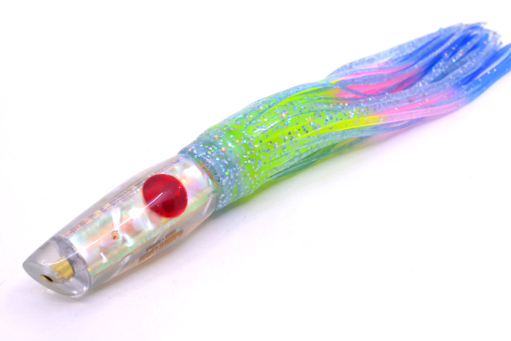 Ganku Lures White MOP Red Eyes Longneck Cut Face 7" 4.4oz Skirted Ice Blue/Rainbow