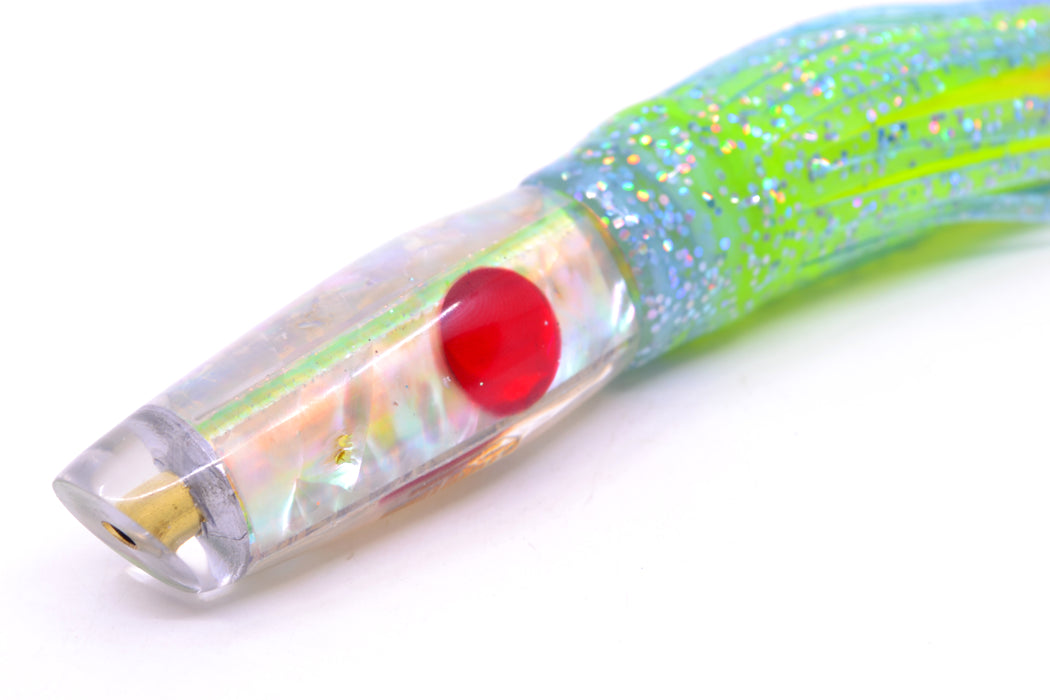 Ganku Lures White MOP Red Eyes Longneck Cut Face 7" 4.4oz Skirted Ice Blue/Rainbow