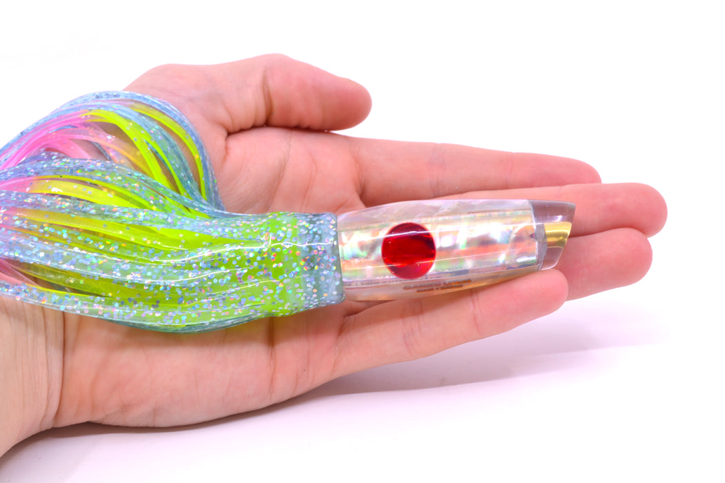 Ganku Lures White MOP Red Eyes Longneck Cut Face 7" 4.4oz Skirted Ice Blue/Rainbow