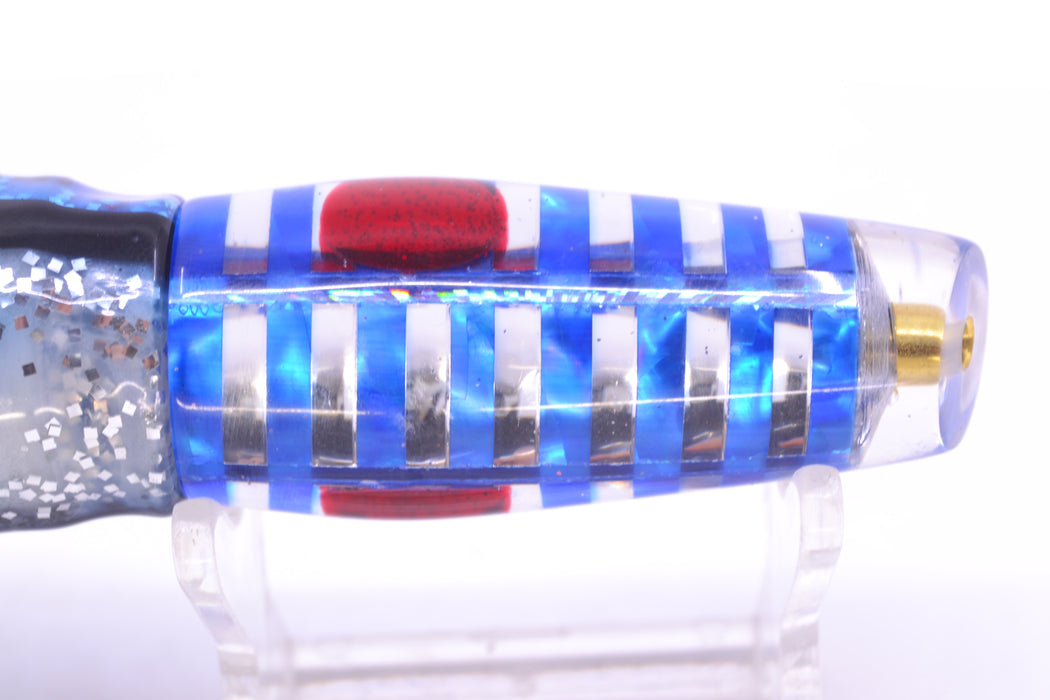 Ganku Lures Blue MOP & Chrome "Zebra" Longneck Cut Face 7" 4.4oz Skirted Blue & Black Bars