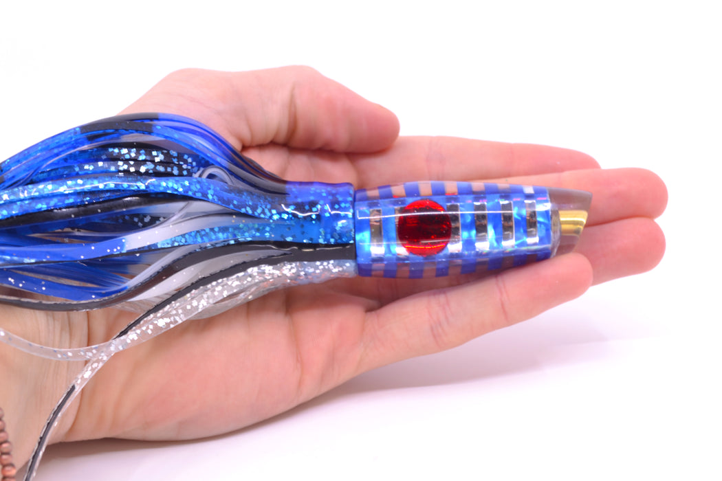 Ganku Lures Blue MOP & Chrome "Zebra" Longneck Cut Face 7" 4.4oz Skirted Blue & Black Bars