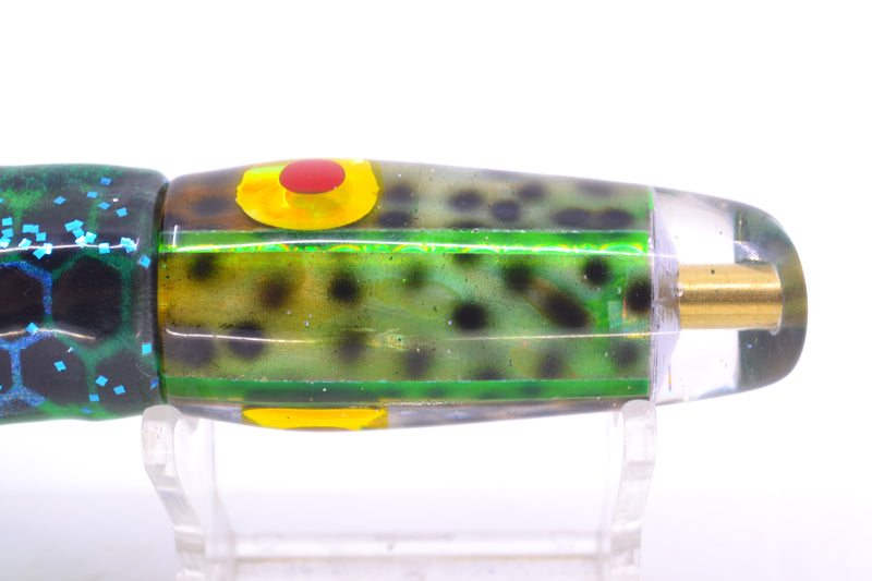 Ganku Lures Green "Tiger Cowrie" Longneck Cut Face 7" 4.4oz Skirted Black Dots-Blue Dots