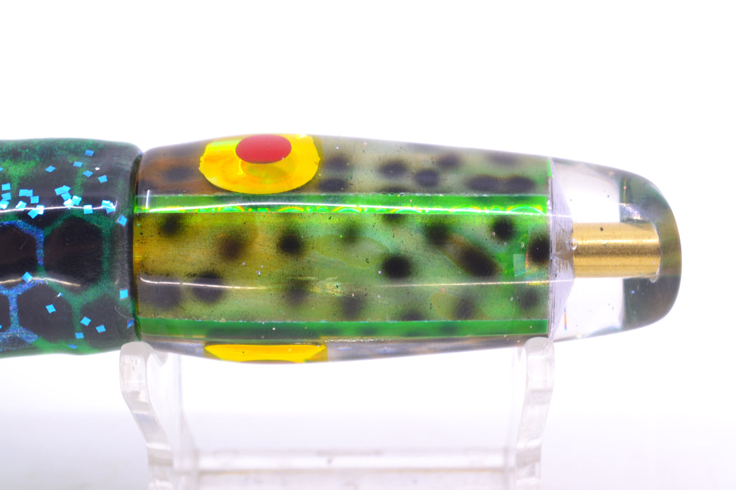 Ganku Lures Green "Tiger Cowrie" Longneck Cut Face 7" 4.4oz Skirted Black Dots-Blue Dots