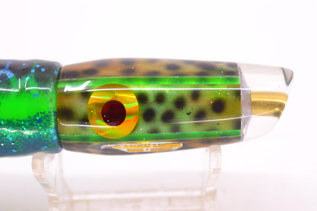 Ganku Lures Green "Tiger Cowrie" Longneck Cut Face 7" 4.4oz Skirted Black Dots-Blue Dots