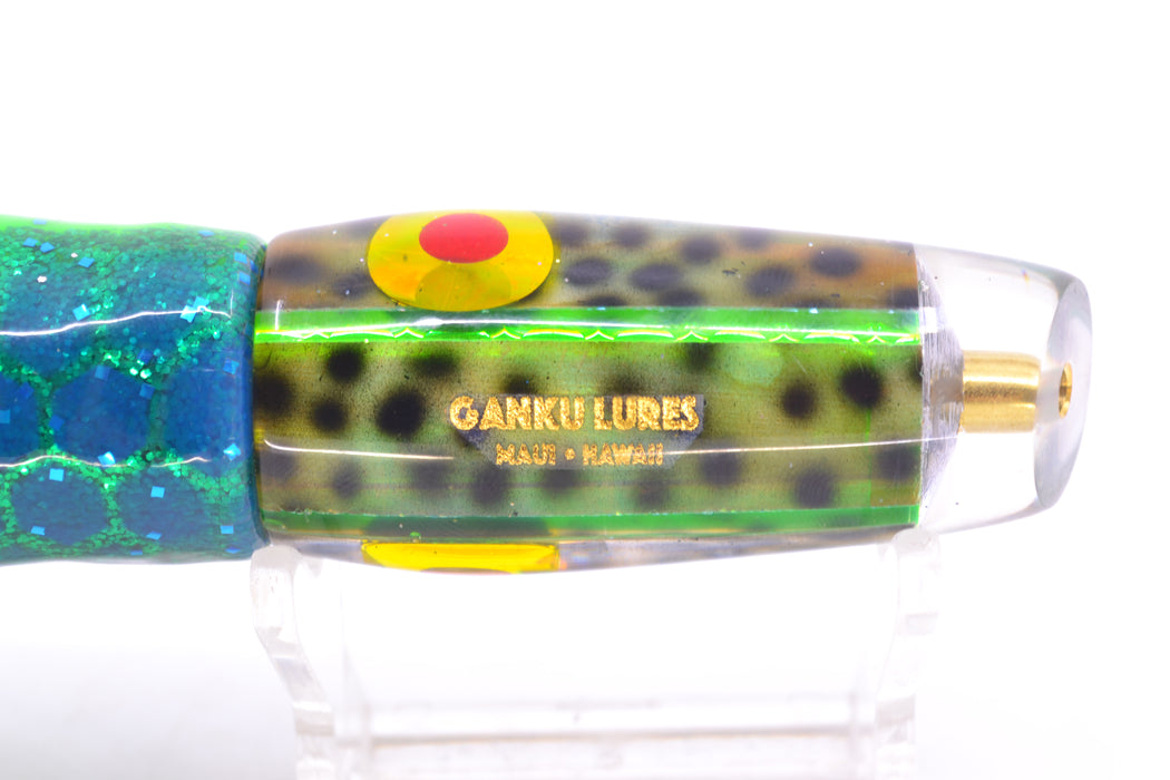 Ganku Lures Green "Tiger Cowrie" Longneck Cut Face 7" 4.4oz Skirted Black Dots-Blue Dots