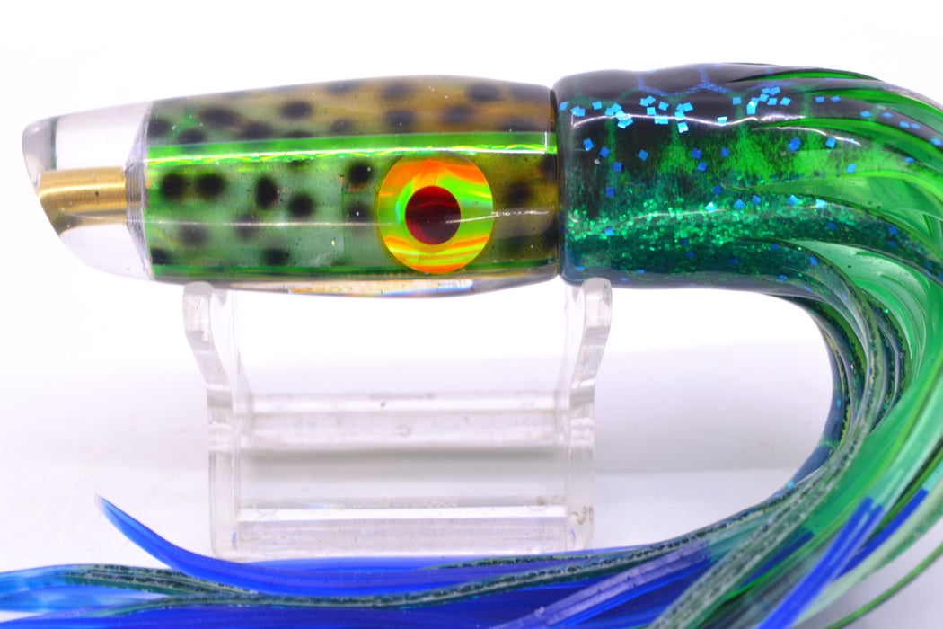 Ganku Lures Green "Tiger Cowrie" Longneck Cut Face 7" 4.4oz Skirted Black Dots-Blue Dots