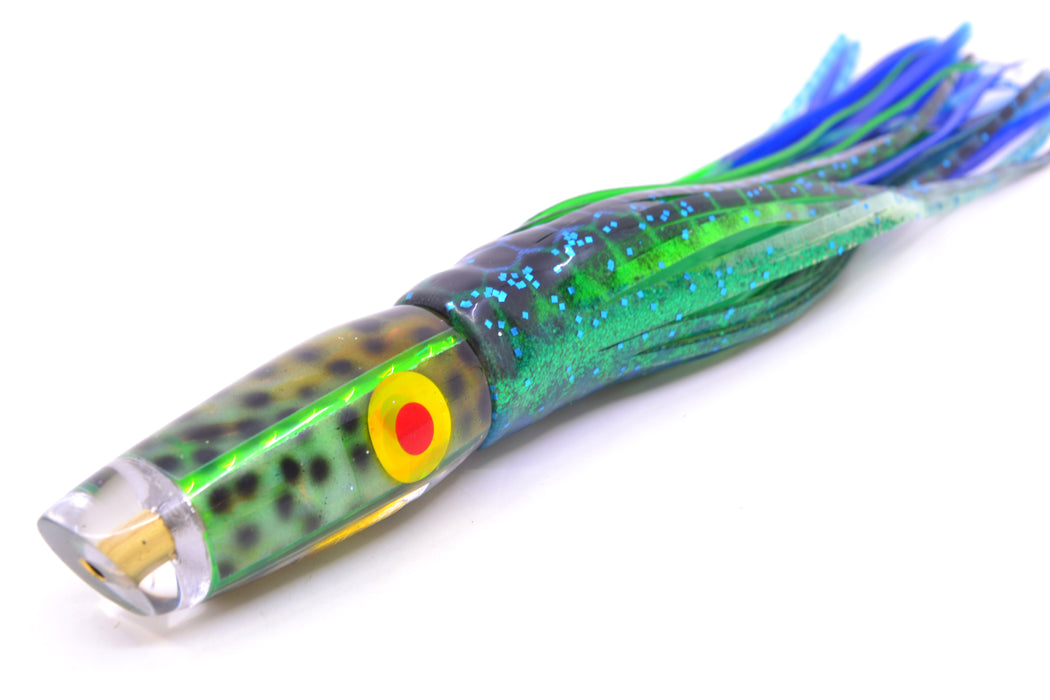 Ganku Lures Green "Tiger Cowrie" Longneck Cut Face 7" 4.4oz Skirted Black Dots-Blue Dots