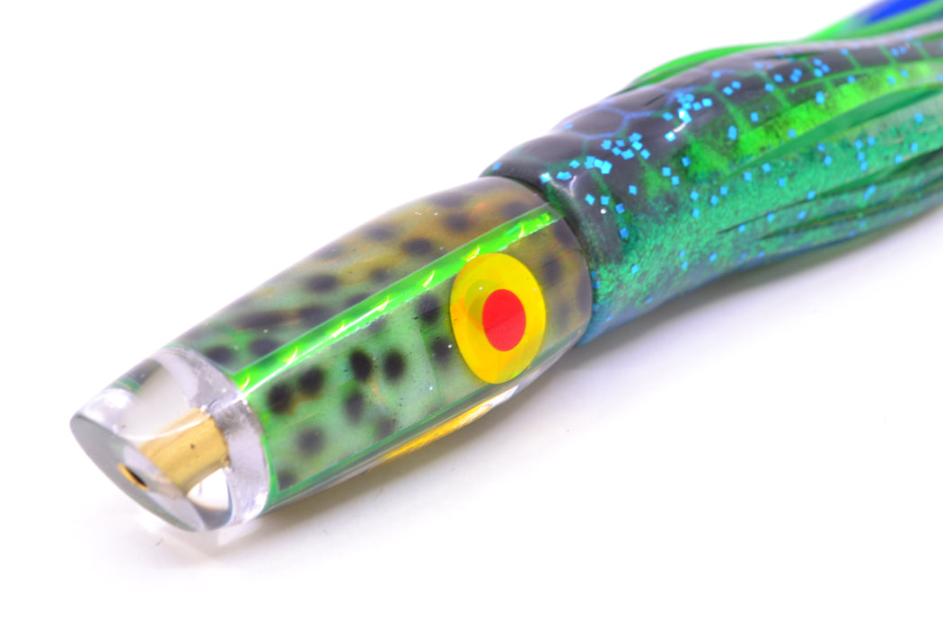 Ganku Lures Green "Tiger Cowrie" Longneck Cut Face 7" 4.4oz Skirted Black Dots-Blue Dots