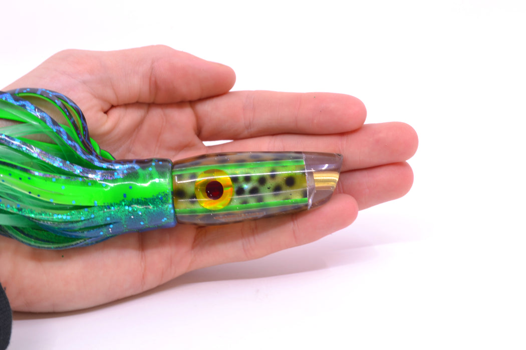 Ganku Lures Green "Tiger Cowrie" Longneck Cut Face 7" 4.4oz Skirted Black Dots-Blue Dots