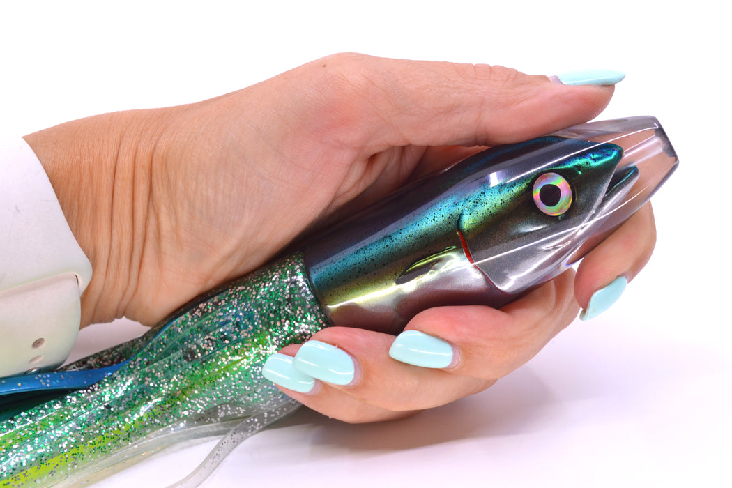 JB Signature Lures Speckled Blue-Yellow-Silver Fish Head Medium Barrel Bomb 9" 5.5oz Skirted