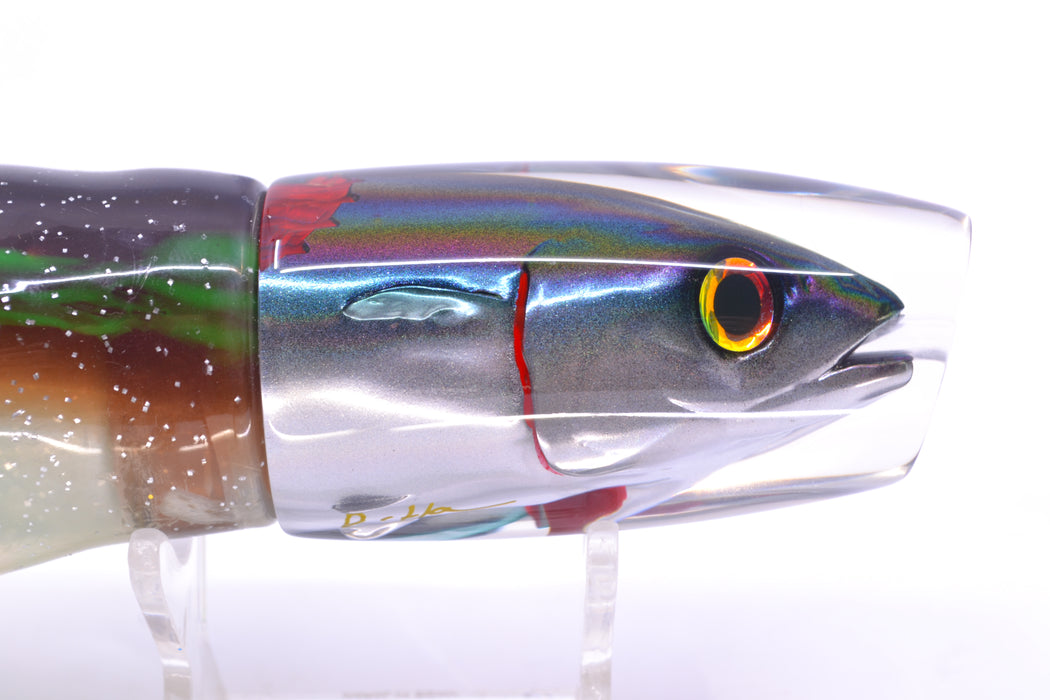 JB Signature Lures Bleeding Purple-Green-Silver Fish Head Medium Plunger 9" 5oz Skirted