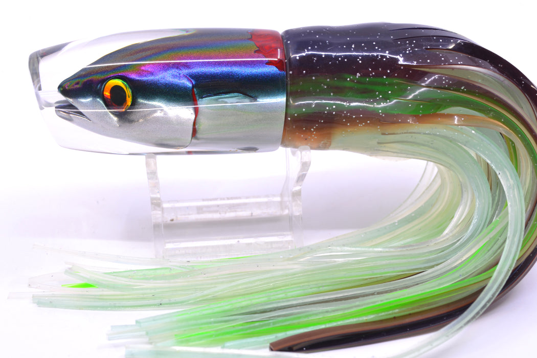 JB Signature Lures Bleeding Purple-Green-Silver Fish Head Medium Plunger 9" 5oz Skirted