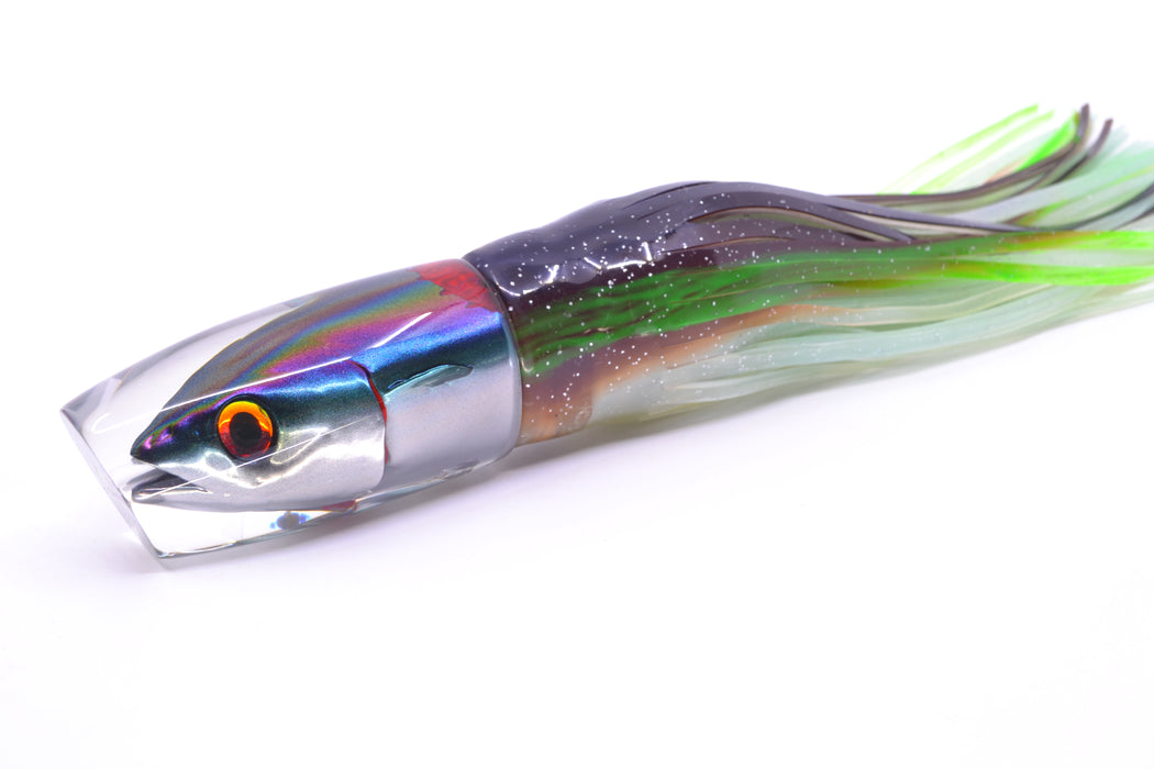 JB Signature Lures Bleeding Purple-Green-Silver Fish Head Medium Plunger 9" 5oz Skirted
